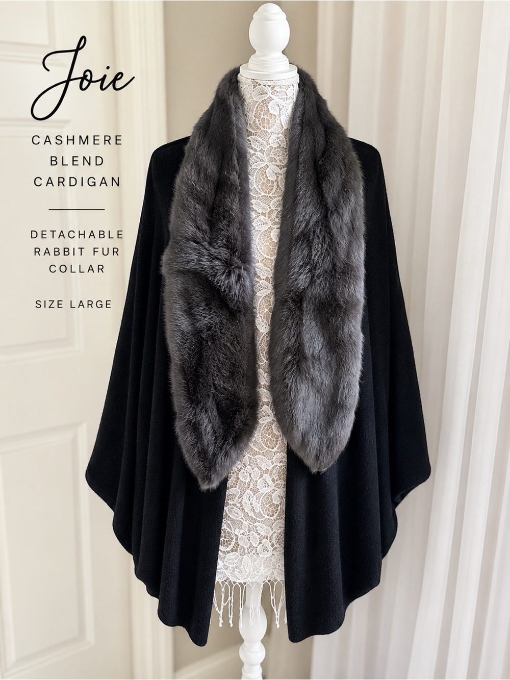 Joie Cashmere Blend Open Front Cardigan Rabbit Fur Collar Black Draped Sweater L